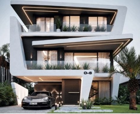 Modern luxury KAIVRA residence with illuminated terraces and landscaped grounds